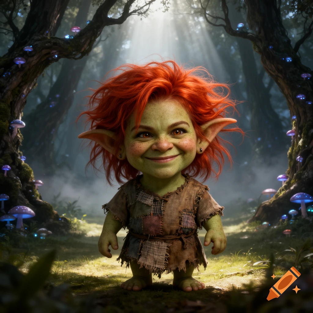 A smiling troll child with bright orange hair and green skin, wearing a patchwork tunic, stands in a mystical forest with glowing mushrooms.