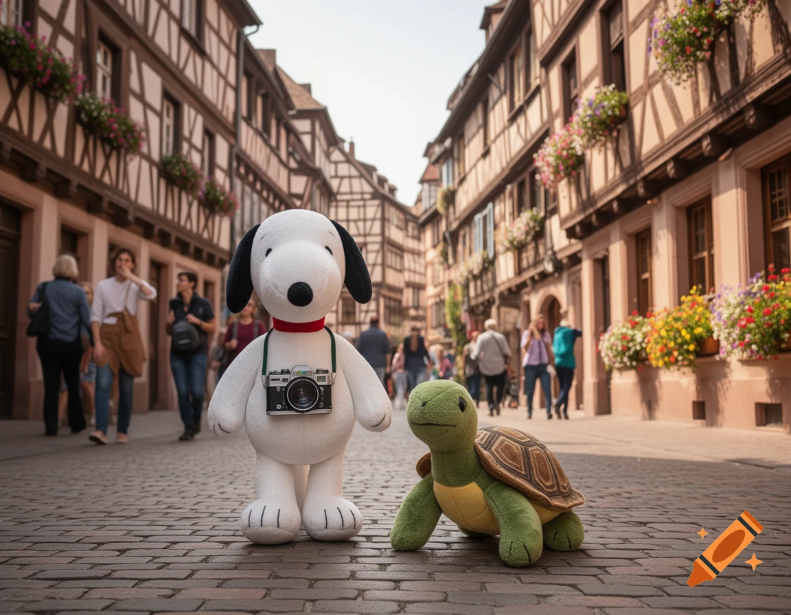 A plush Snoopy wearing a camera and a plush turtle stand on a cobblestone street in a historic European city.