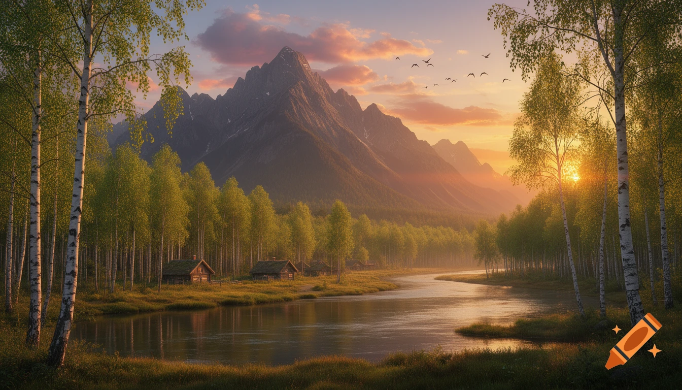 Photorealistic landscape of a birch forest by a river with small cabins, mountains, and birds under a vibrant sunset.