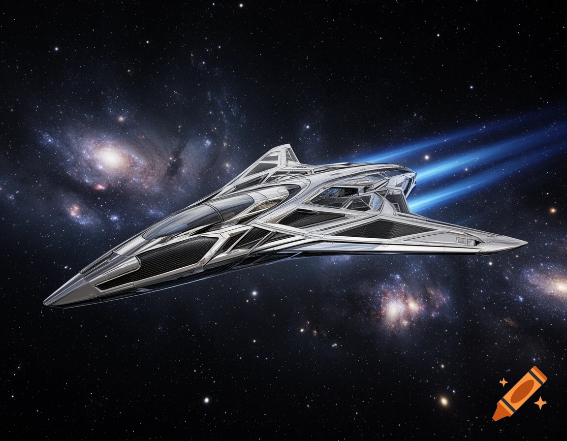 A sleek, silver futuristic spaceship with blue engine trails flies through deep space with distant galaxies and stars.