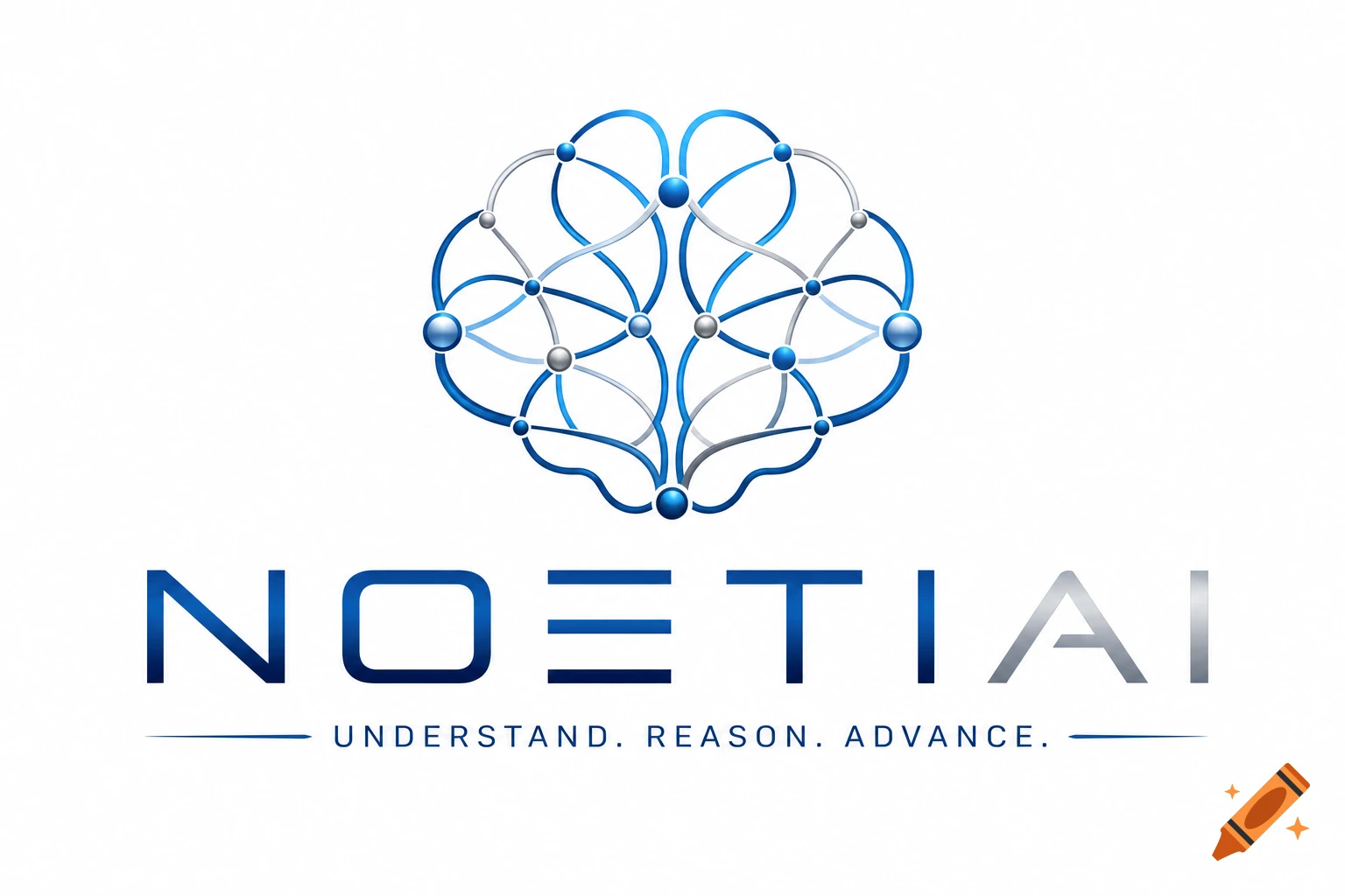 A stylized blue and silver logo featuring a brain-like neural network icon above the company name "NOETIAI" and the tagline "UNDERSTAND. REASON. ADVANCE." on a white background.