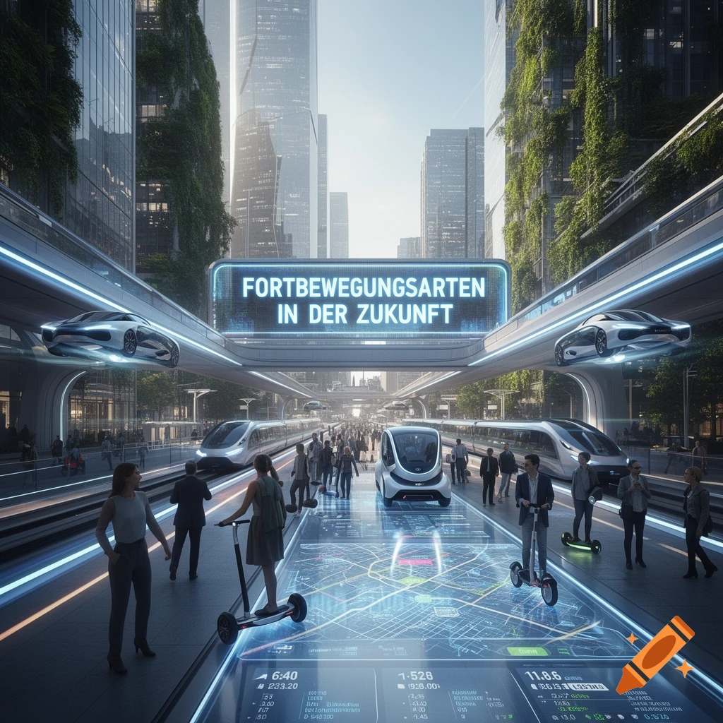A photorealistic futuristic cityscape with people, electric scooters, trains, and flying cars on elevated tracks, under a sign reading 'FORTBEWEGUNGSARTEN IN DER ZUKUNFT'.