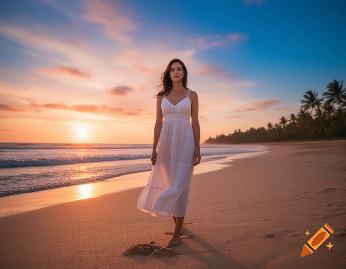 A woman in a white dress stands barefoot on a sandy beach at sunset, with waves crashing and palm trees in the distance. Photorealistic.