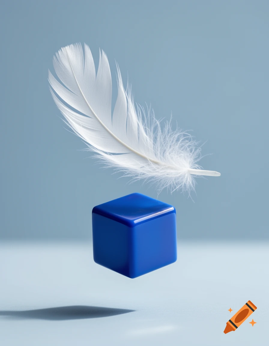 A white feather floats above a shiny blue cube against a light blue background, creating a minimalist composition.