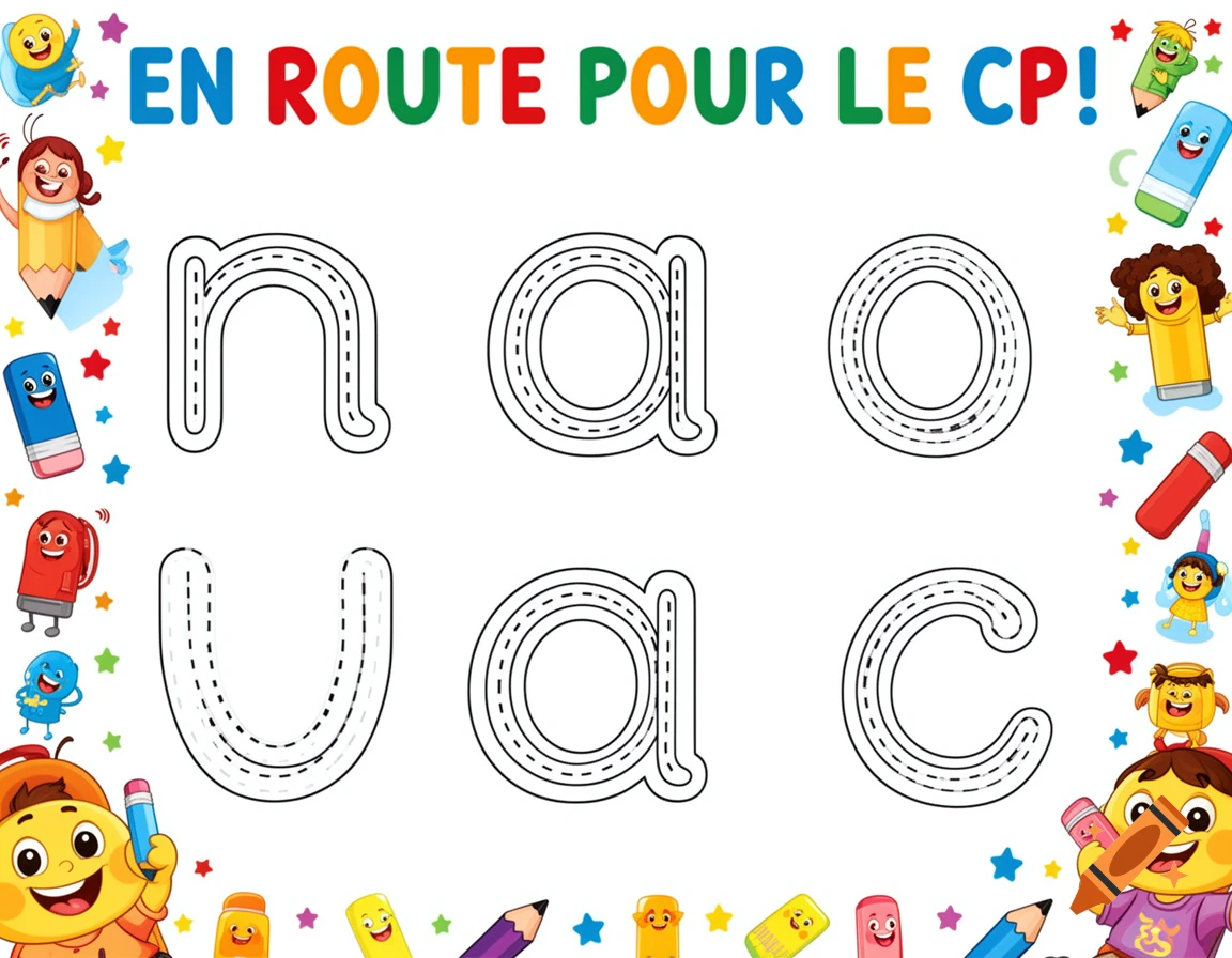 A colorful French tracing worksheet for kindergarten, featuring the text 'EN ROUTE POUR LE CP!' and large outline letters 'n, a, o, u, a, c' for tracing, surrounded by cartoon school supplies like pencils and erasers with faces.