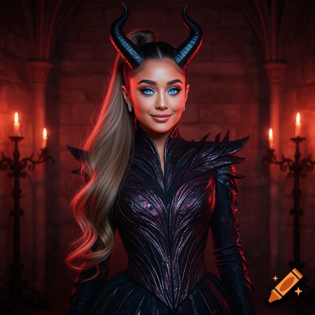 Photorealistic portrait of Ariana Grande as a demon, wearing a black ornate costume with horns and glowing blue eyes, in a red-lit stone chamber.