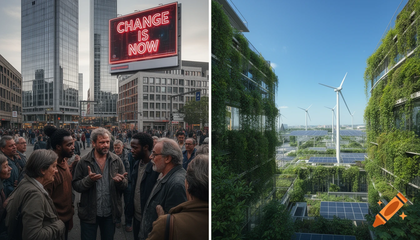 Photorealistic diptych showing a city street with a crowd and 'CHANGE IS NOW' sign, contrasted with a green, futuristic city of solar panels and wind turbines.