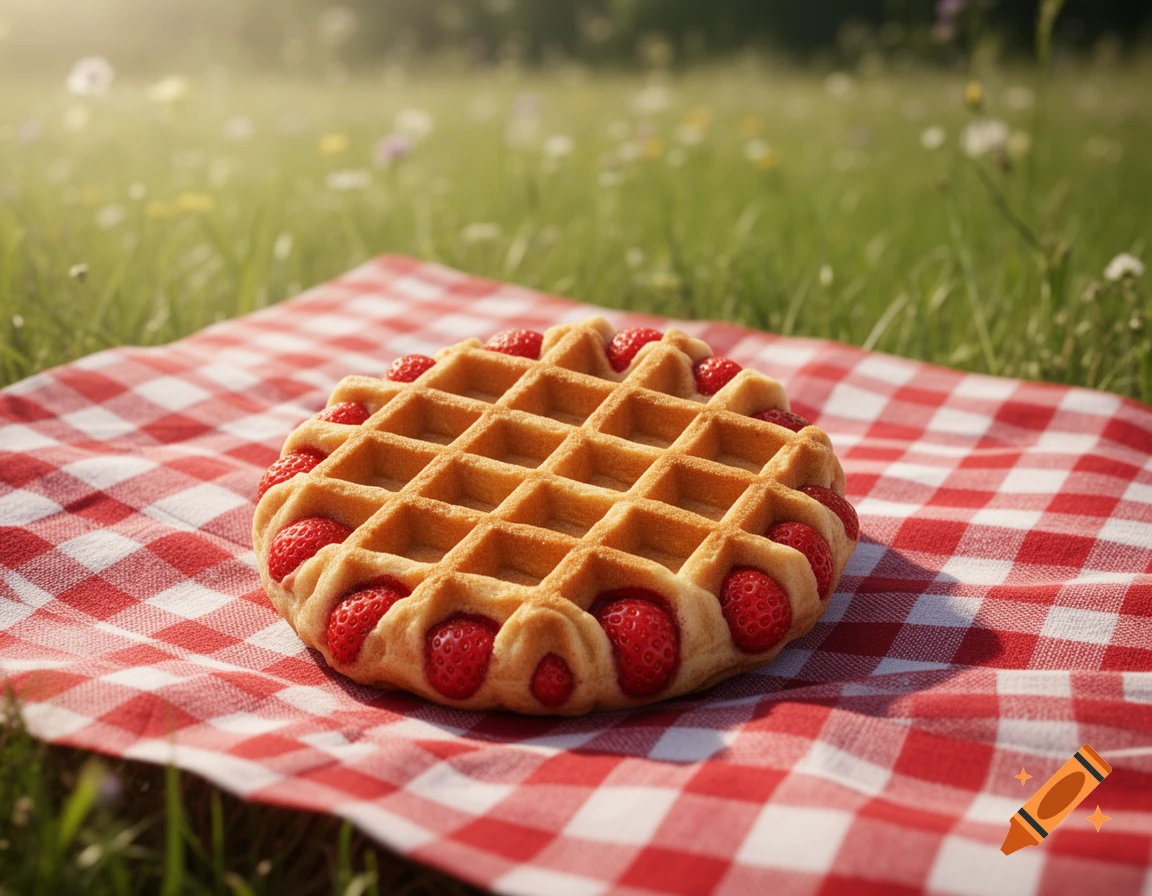 A strawberry waffle on a red and white checkered picnic blanket in a grassy field.