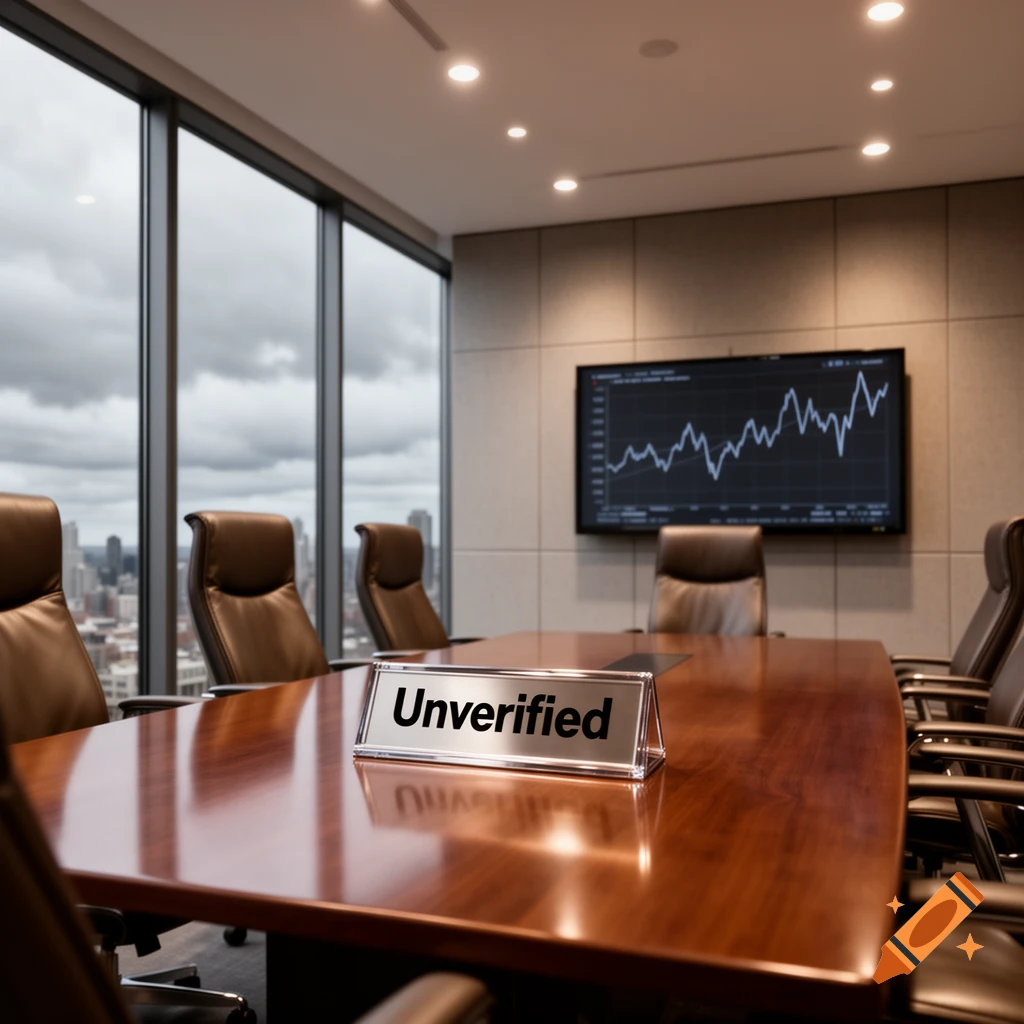 Photorealistic modern conference room with a wooden table, leather chairs, an 'Unverified' sign, and a stock chart on a TV screen.