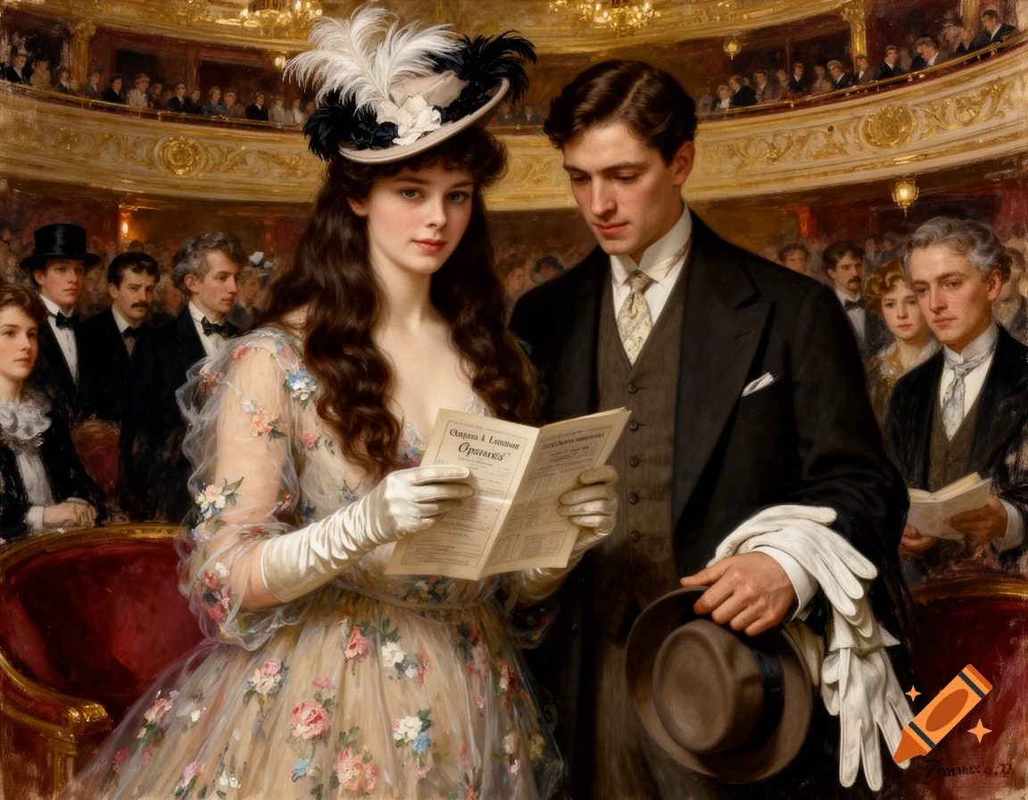 An oil painting of an Edwardian couple at an opera, the woman in a feathered hat and floral gown looks at the viewer while holding a program with the man looking down.