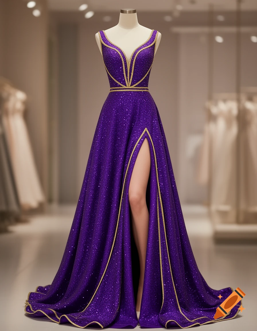 A stunning purple glittery prom dress with a high slit and gold trim, displayed on a mannequin.