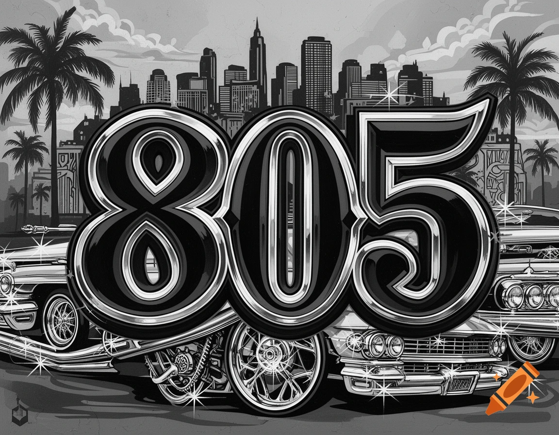Large, stylized chrome '805' lettering over black and grey lowrider cars, palm trees, and a city skyline, in an urban mural style.