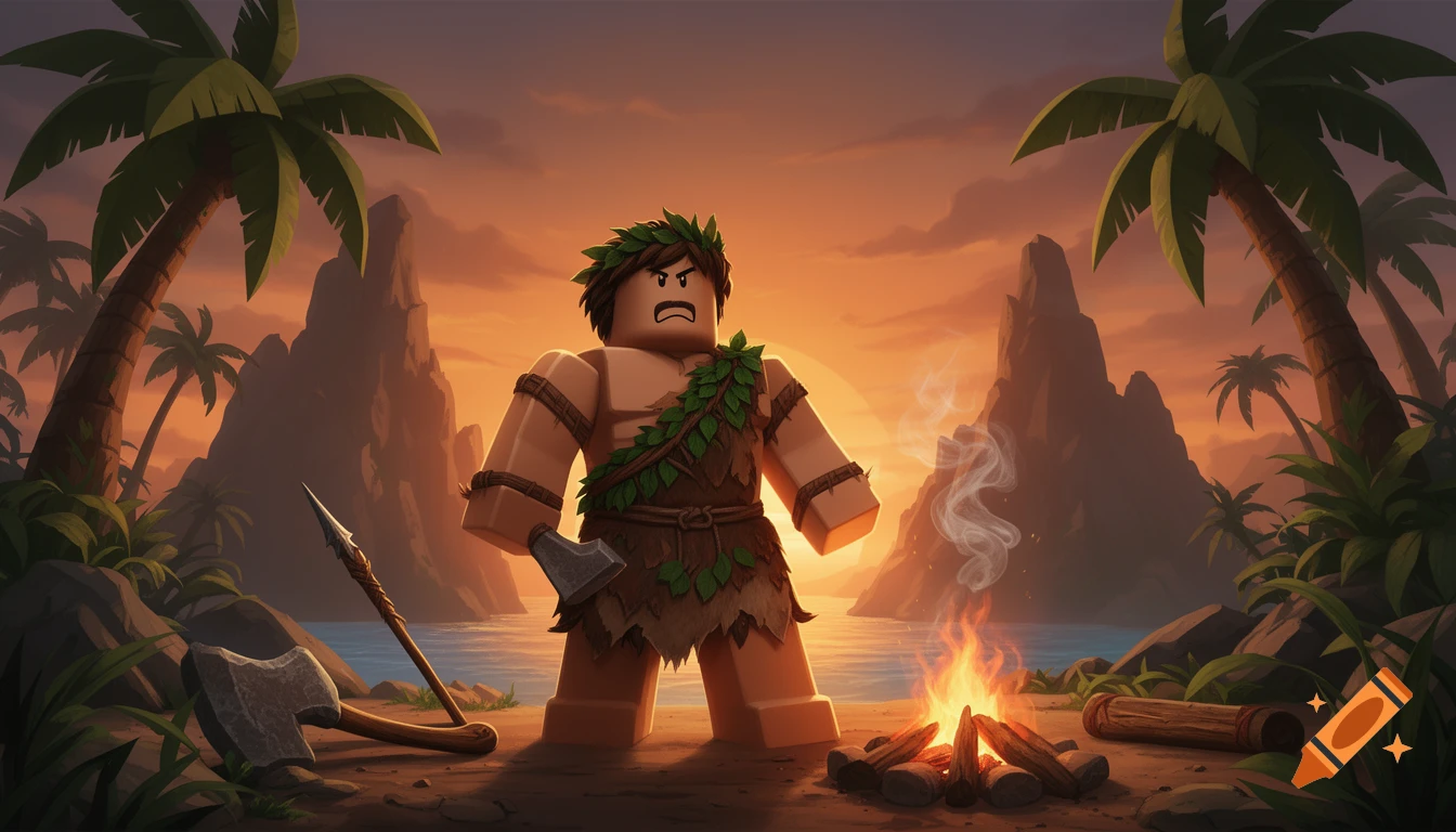 A Roblox-style caveman character with a leaf wreath and clothing, holding a small axe, stands by a campfire on a tropical island at sunset.