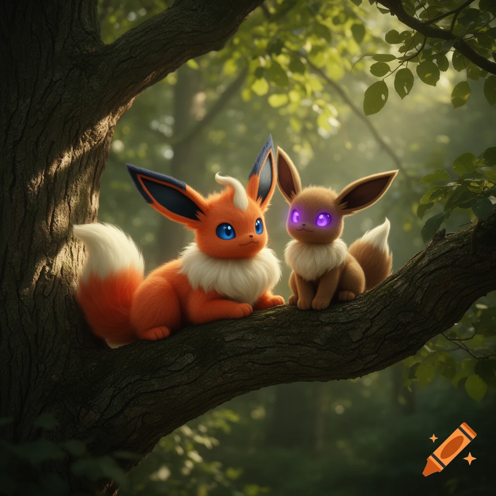 A blue-eyed Flareon and purple-eyed Eevee sit on a tree branch in a lush forest.