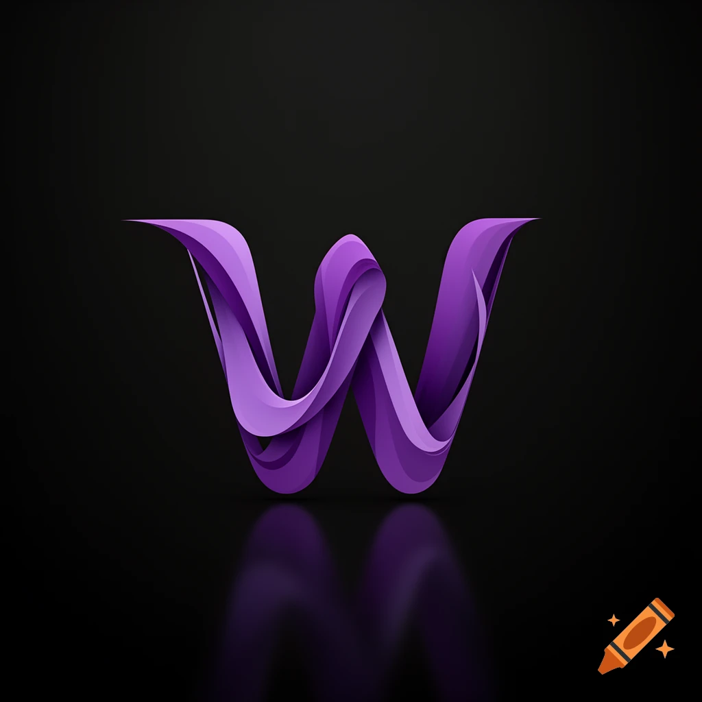 A 3D stylized purple letter W, resembling flowing ribbons, on a dark background with a subtle reflection.