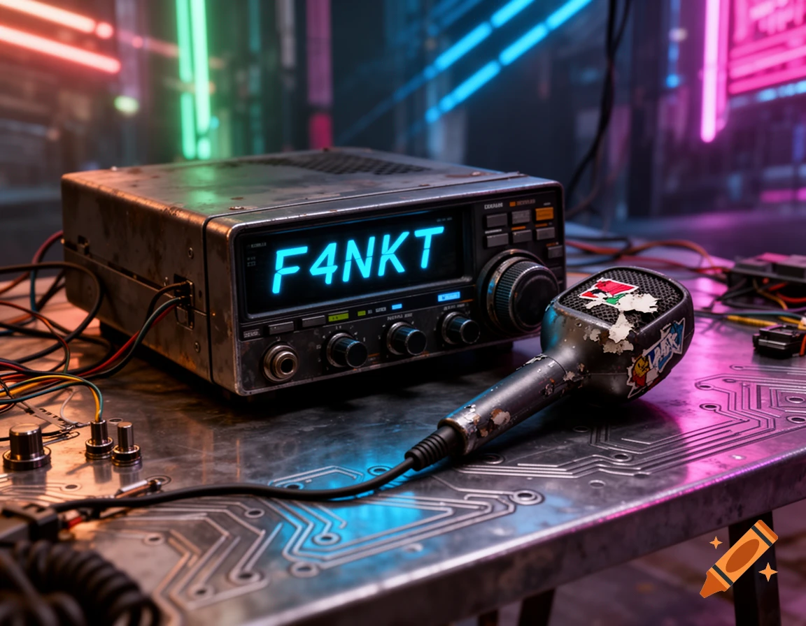A ham radio transceiver displaying 'F4NKT' and a worn microphone on a metallic table in a cyberpunk setting with neon lights.