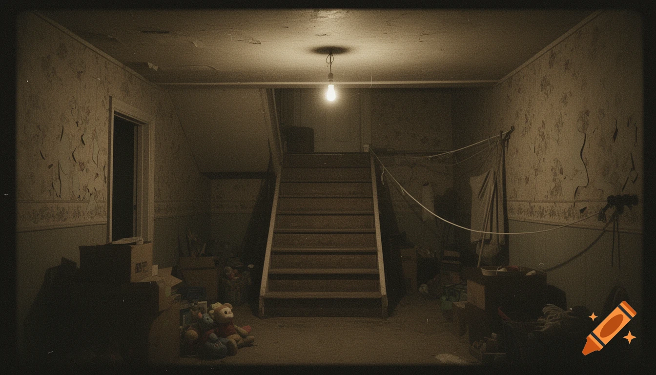 A dark, dimly lit, abandoned basement with a central staircase, peeling wallpaper, and old boxes, viewed through a grainy, sepia-toned old camera aesthetic.