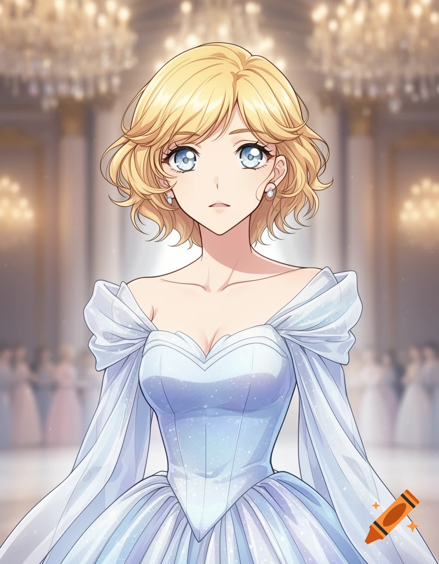 Anime woman with short blonde hair and blue eyes in a sparkling light blue princess dress in a ballroom.