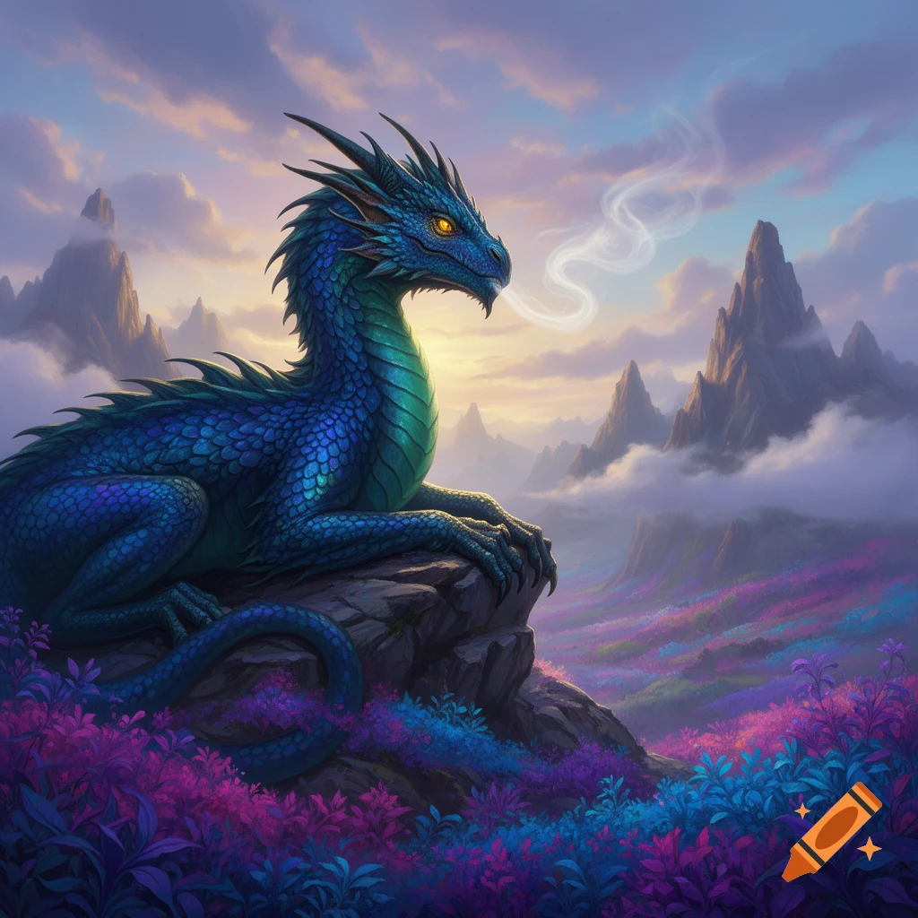 A vibrant blue-green dragon with glowing eyes rests on a rock, exhaling smoke over a fantasy landscape with colorful flowers and misty mountains at sunset.