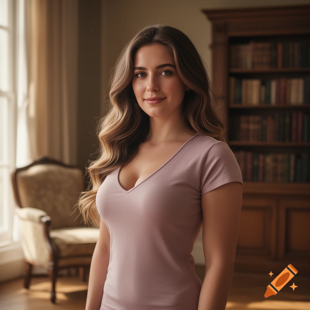 Photorealistic portrait of a smiling young woman with long wavy brown hair, wearing a pink V-neck shirt, indoors with a bookshelf.
