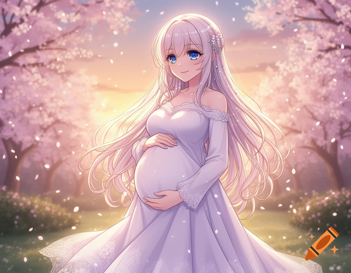 Anime girl with long white hair in a white off-shoulder dress, holding her pregnant belly in a cherry blossom garden.