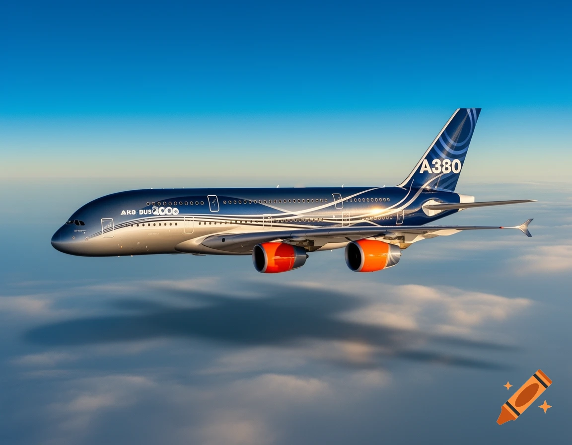 A large, dark blue and silver Airbus A380 airplane with orange engines flies high above the clouds under a clear blue sky, seen from the side.
