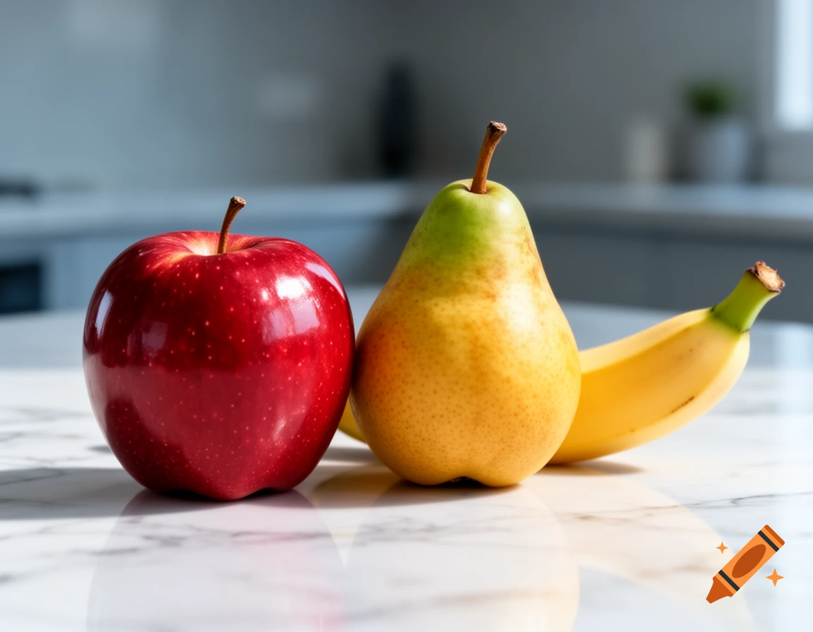 A red apple, a yellow and green pear, and a banana rest on a white marble countertop in a kitchen.