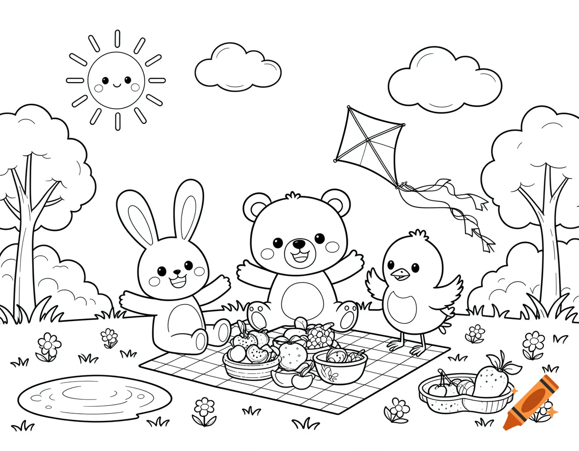 Black and white line art of a bunny, bear, and chick having a picnic in a park, with a smiling sun and kite, for a coloring book.