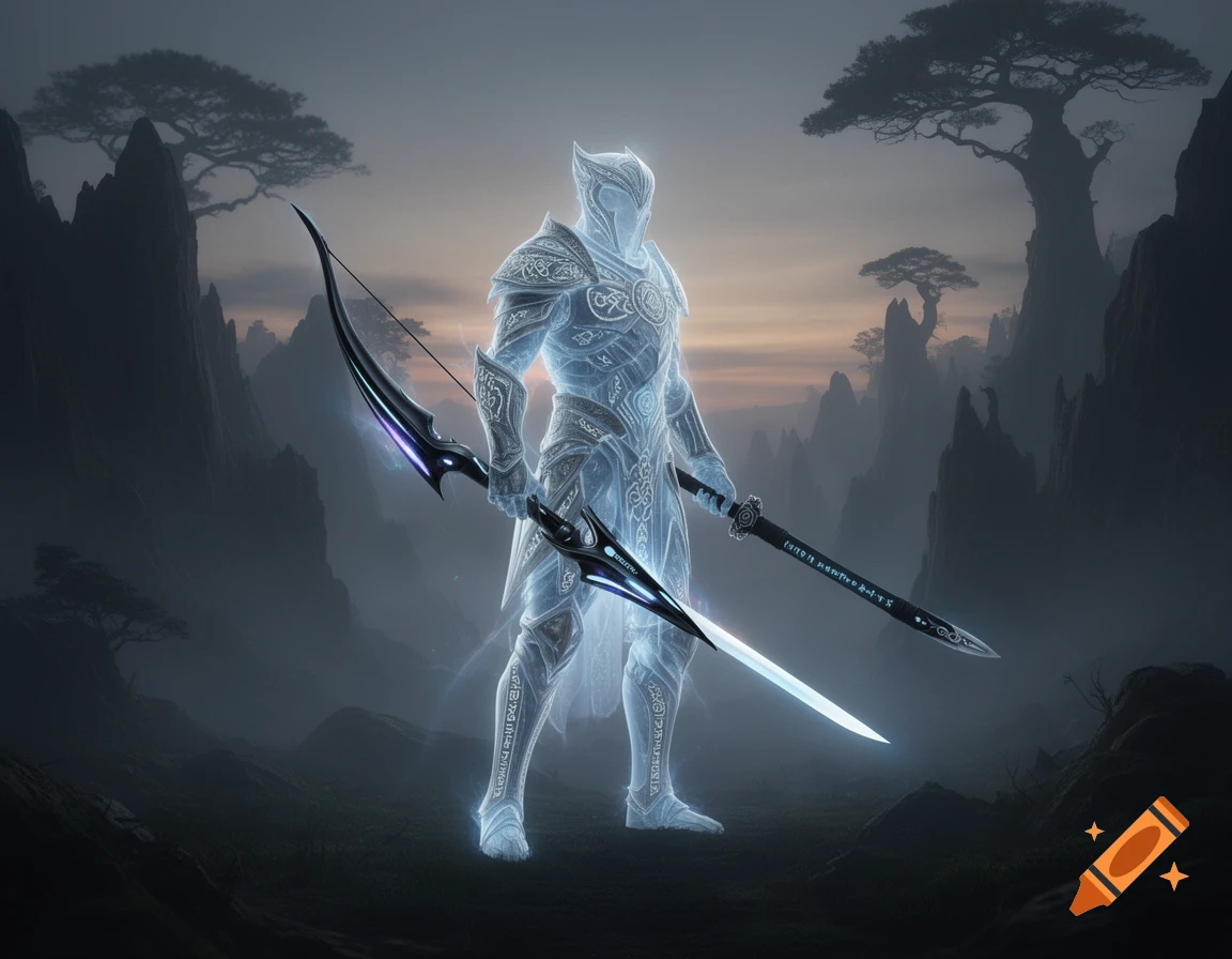 A glowing, translucent phantom warrior in ornate armor holds a mystical bow and a bright, glowing sword in a misty mountain landscape.