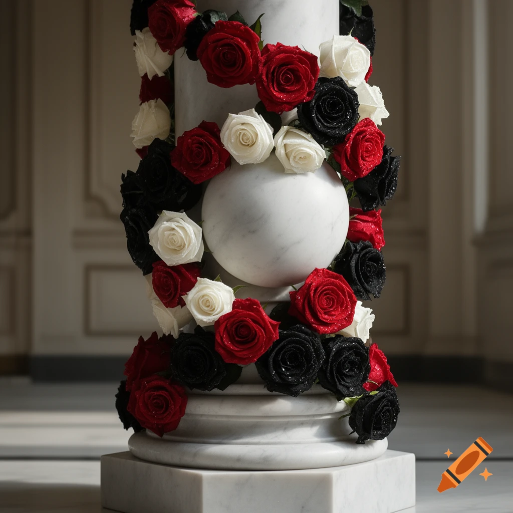 A white marble column is adorned with a vibrant garland of red, white, and black roses, many covered in small water droplets.