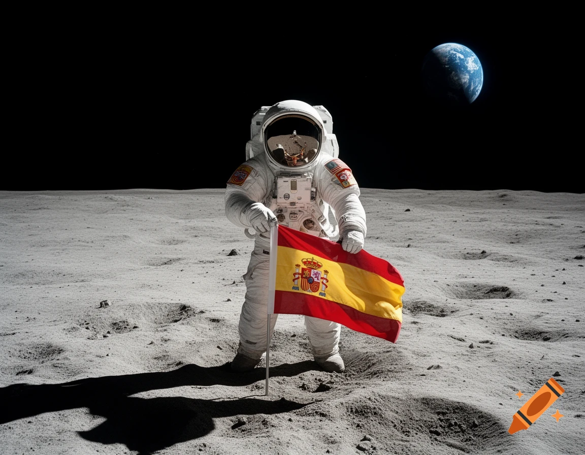 An astronaut in a white spacesuit plants a Spanish flag on the moon's surface, with Earth visible in the background.