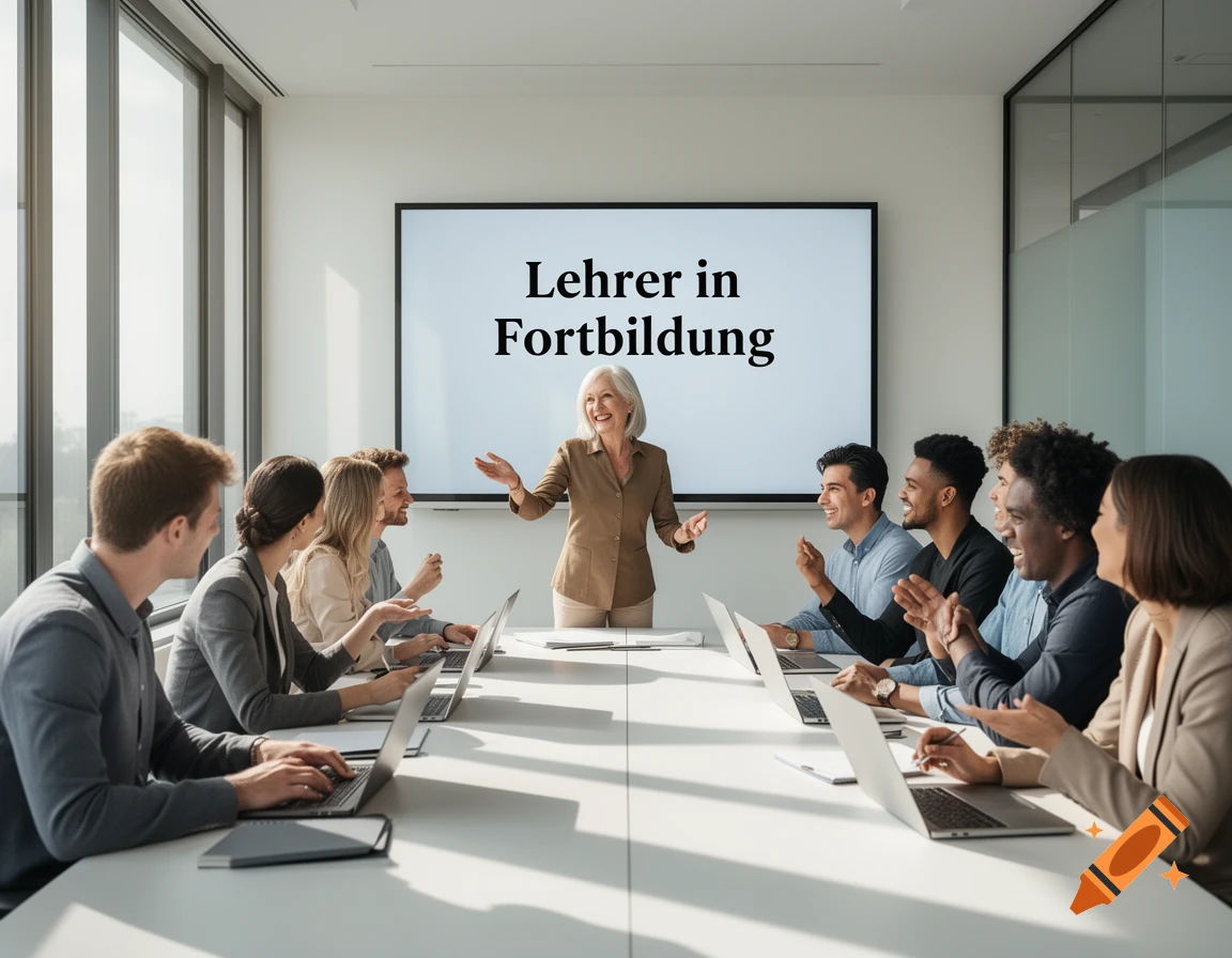 Diverse group of adults in a modern conference room, attentively listening to a woman presenting at the head of the table. A large screen displays 'Lehrer in Fortbildung'.