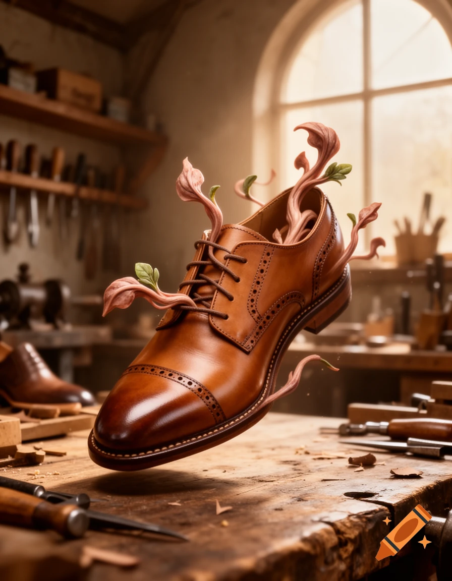 A brown leather dress shoe floats above a wooden workbench in a workshop, with pink and green plant tendrils growing from it.