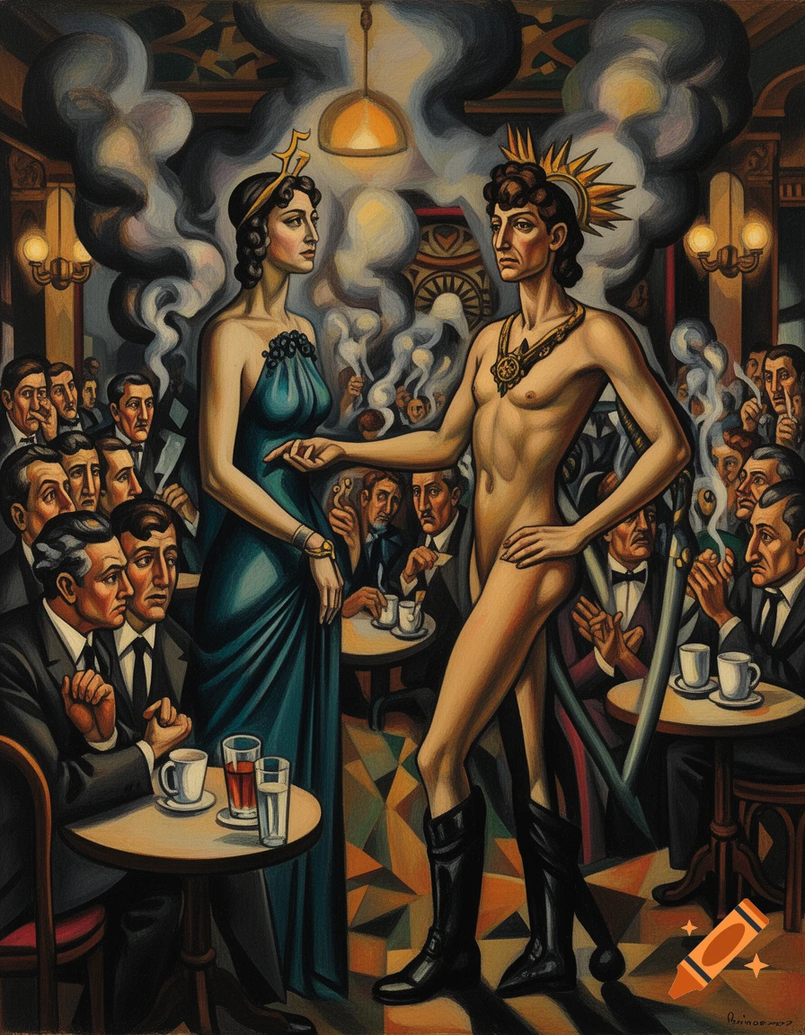 Expressionistic painting of a cafe scene with a partially nude man wearing boots and a crown, standing next to a woman in a long blue dress, surrounded by patrons.