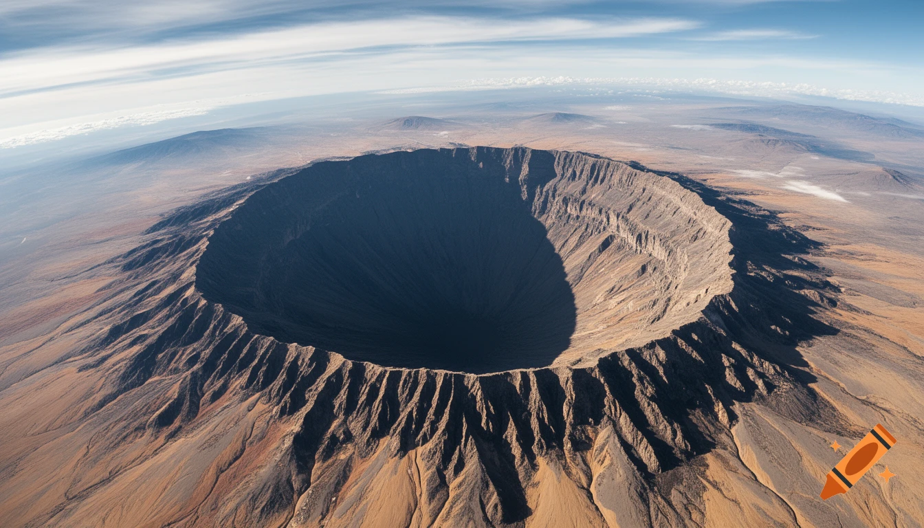 Aerial view of a massive, arid volcanic crater with rocky slopes and a deep shadow within, under a partly cloudy sky.