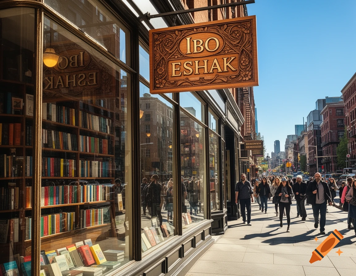 A photorealistic city street scene with a prominent bookstore featuring an 'IBO ESHAK' sign, and pedestrians on a sunny sidewalk.