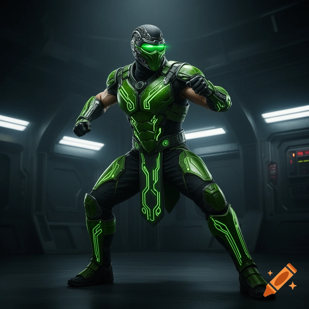 A full-body shot of a green and black cyber ninja with glowing green accents in a fighting stance in a dark, futuristic room.