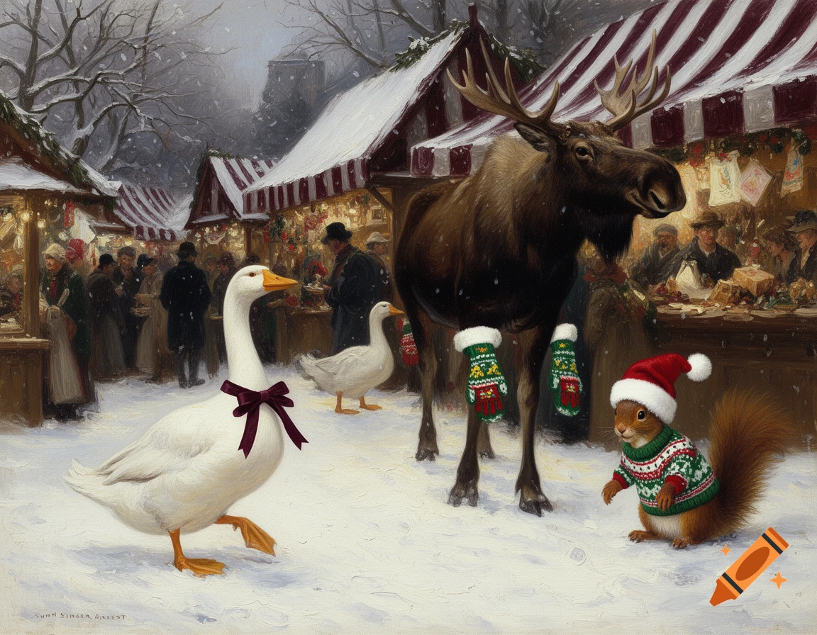 An oil painting of a goose with a burgundy bow, a squirrel in a Christmas sweater and Santa hat, and a moose wearing mittens at a snowy winter market.