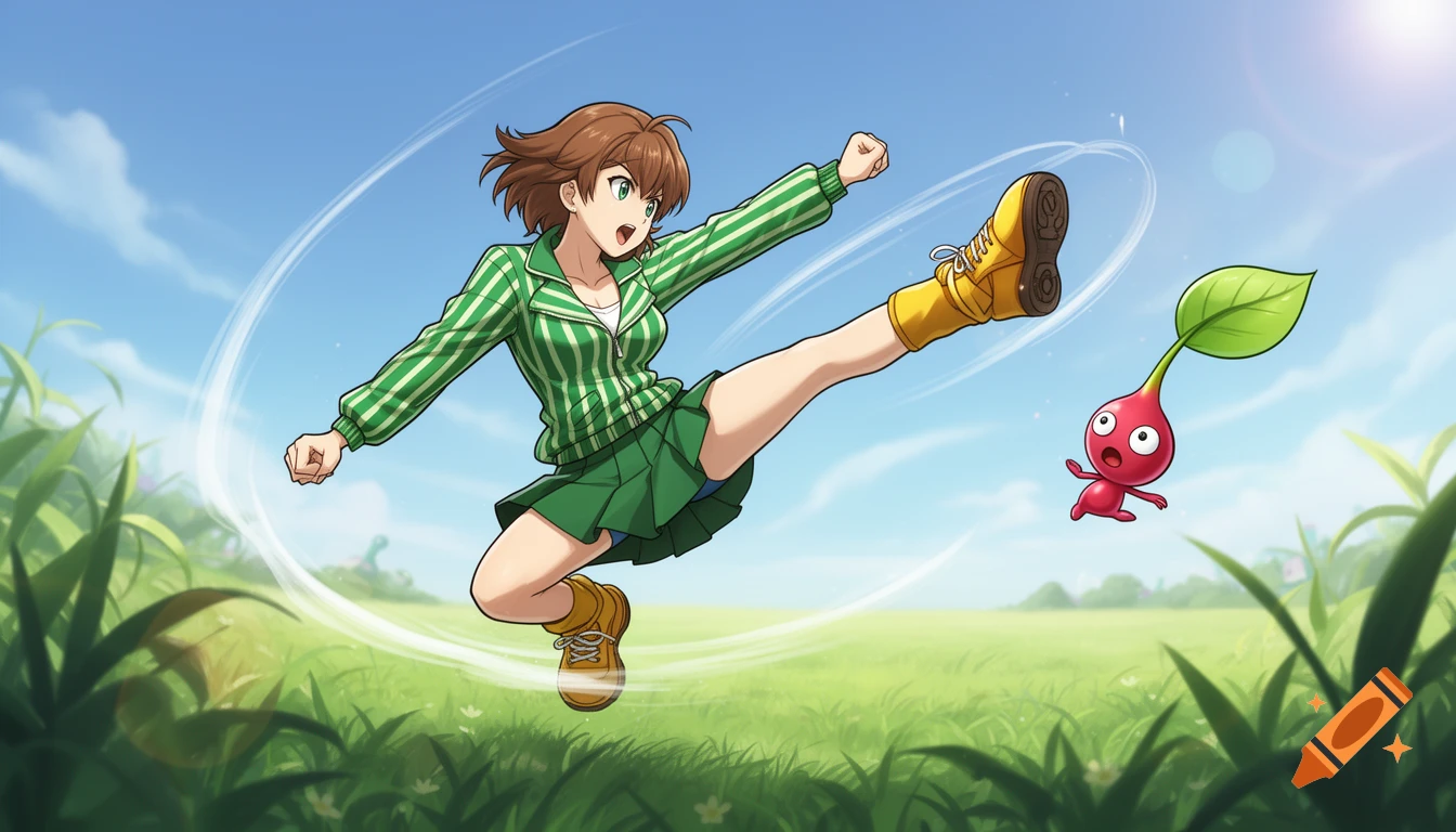 Anime girl Chie Satonaka in a green tracksuit high-kicks a tiny red Pikmin in a sunny grassy field, anime style.