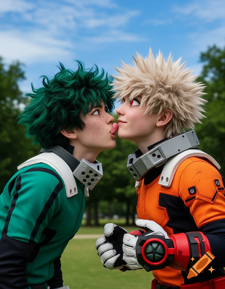 Photorealistic image of two cosplayers, resembling Deku and Bakugo, leaning in close outdoors with Deku licking Bakugo's cheek.