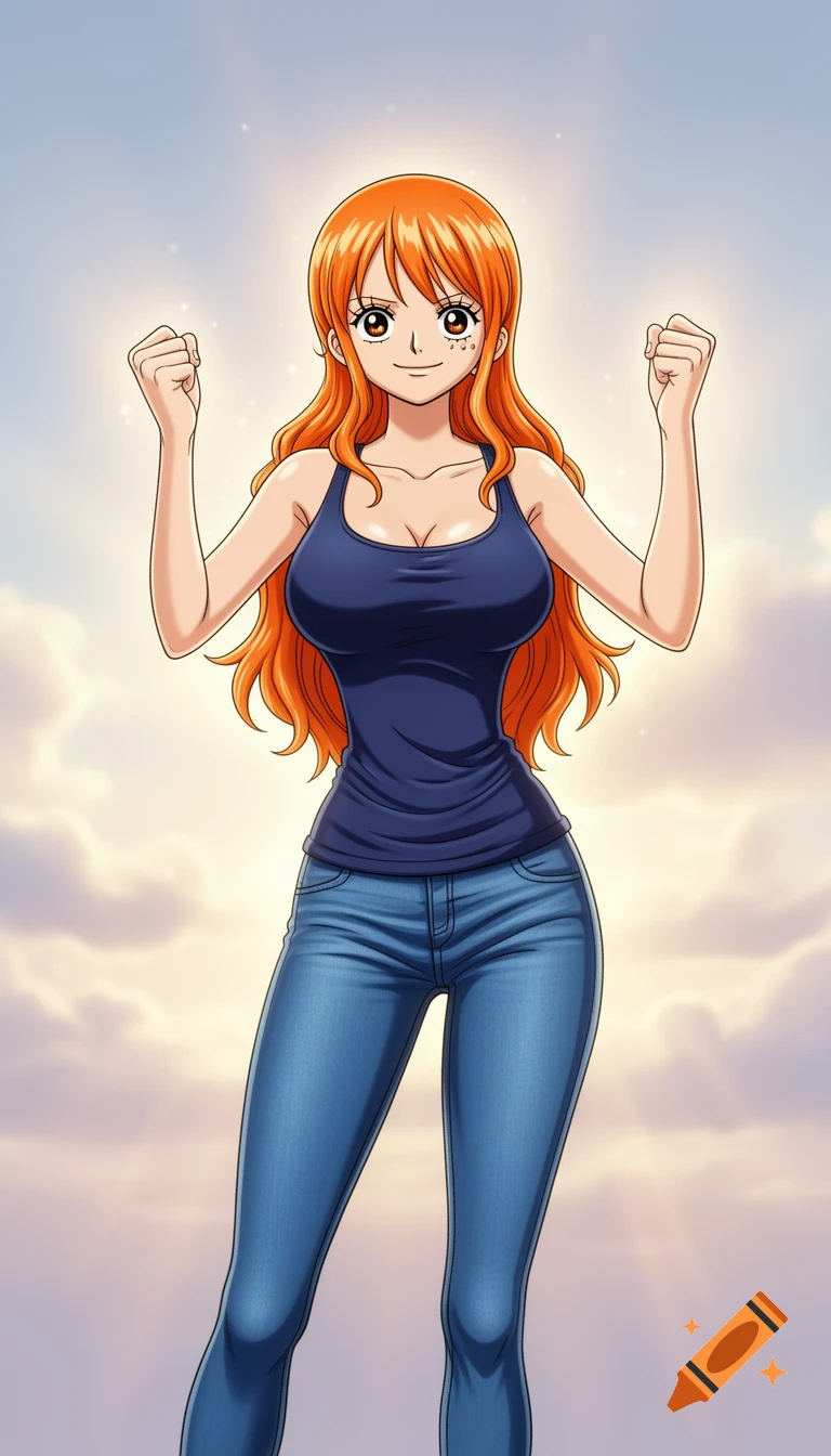 Anime style depiction of Nami from One Piece, smiling confidently in a navy blue tank top and blue jeans, with her fists raised against a cloudy sky.