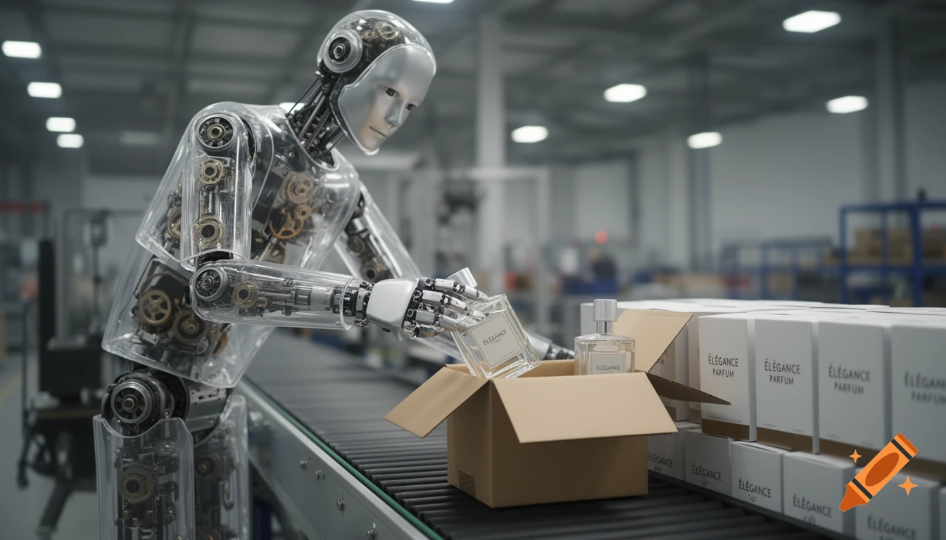 Photorealistic image of a transparent robot on a conveyor belt, packing perfume bottles labeled 'ÉLÉGANCE' into cardboard boxes in a factory.