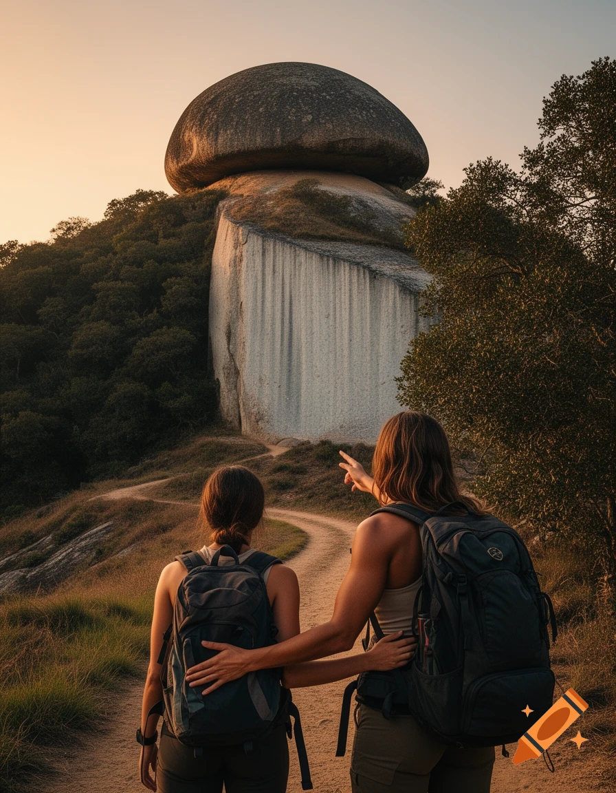 Two women hikers on a trail, pointing at a unique mushroom-shaped rock formation on a hill at sunset.