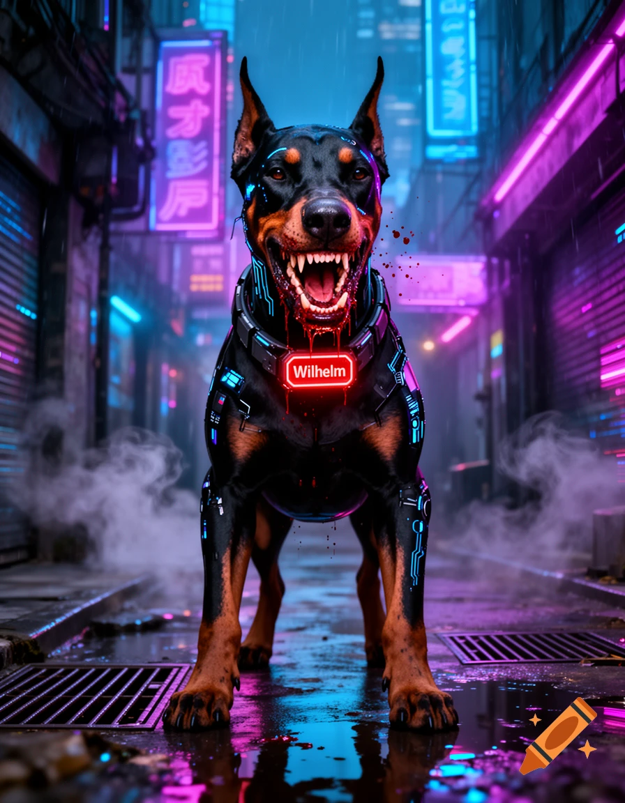 A fierce Doberman dog wearing a glowing collar with "Wilhelm" on it, baring its teeth and dripping red liquid, stands in a wet cyberpunk alley under neon signs.