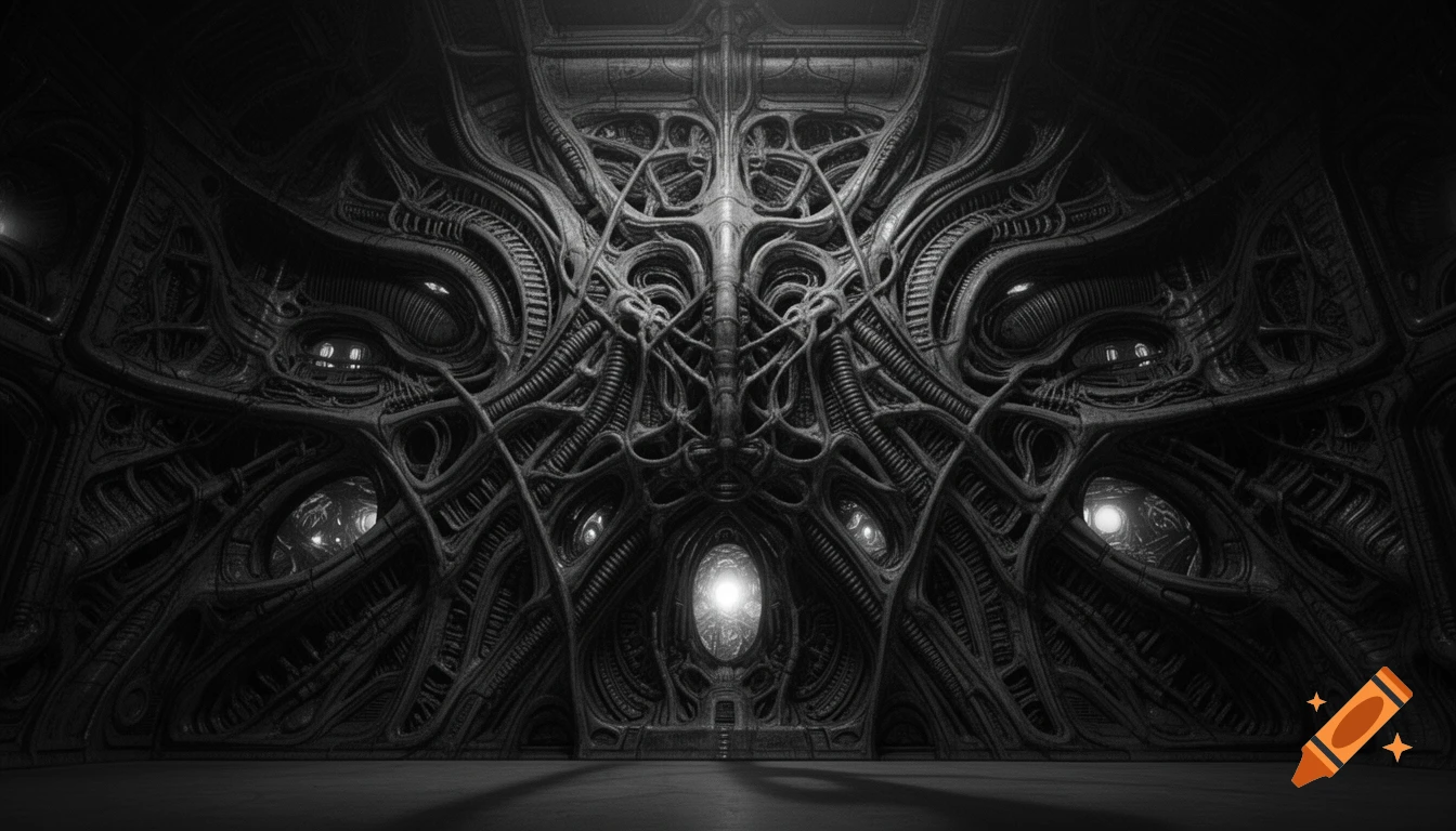 A dark, intricate Giger-style biomechanical wall with organic textures and glowing elements, evoking an alien environment.