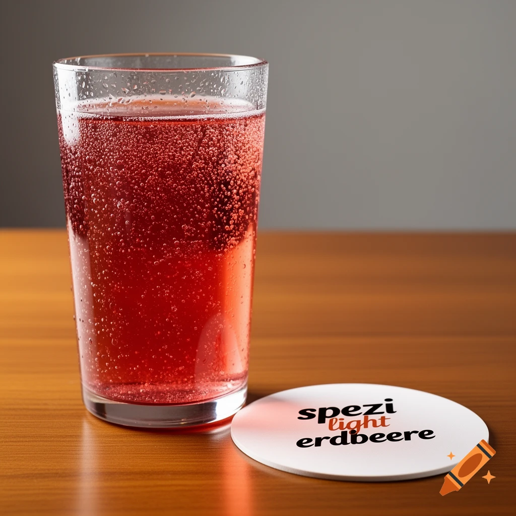 A glass of red fizzy drink on a wooden table, next to a white coaster with the text 'spezi light erdbeere'.