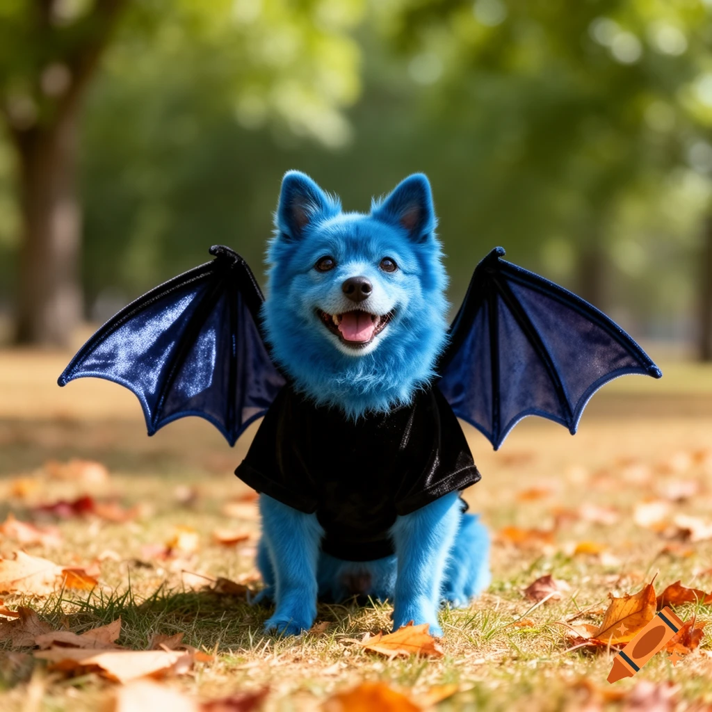 A fluffy blue dog wearing a black bat costume sits in a park with fallen autumn leaves.
