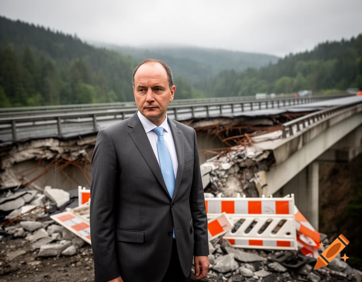 A man in a suit stands in front of a collapsed highway bridge under an overcast sky, with forested hills in the background.