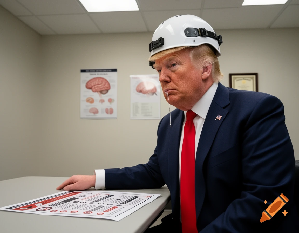 Donald Trump wearing a white hard hat and drooling, sitting at a desk with a document in front of him, brain diagrams on the wall.