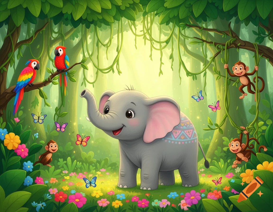 A cute cartoon baby elephant smiles in a lush jungle with parrots on a branch, playful monkeys swinging, and colorful butterflies and flowers.